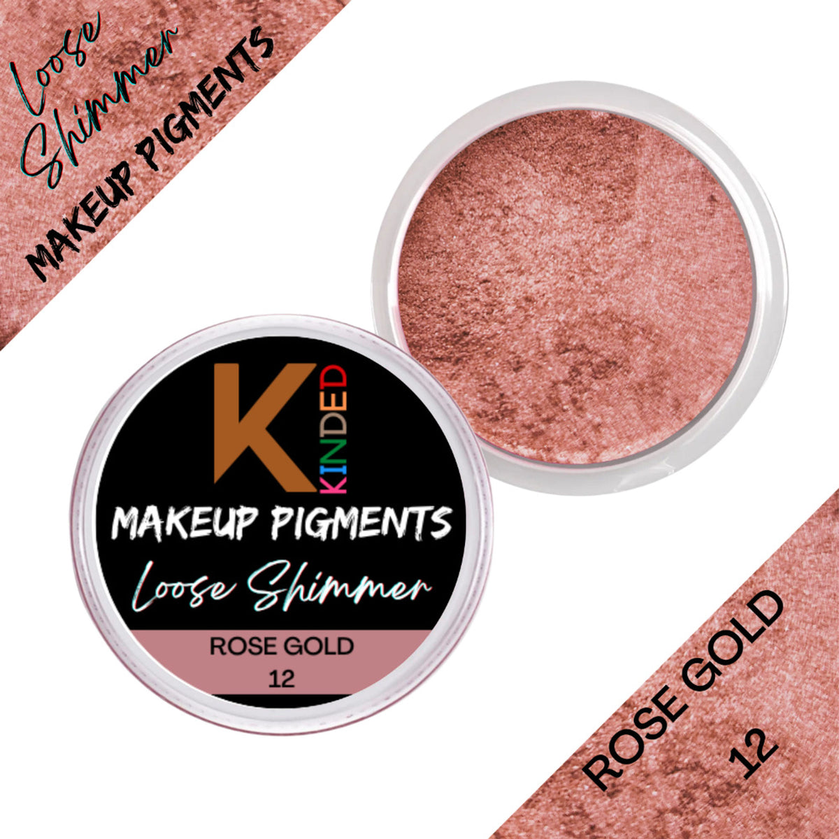 KINDED Loose Shimmer Makeup Foil Pigments Powder in Rose Gold, showcasing the shimmering rose gold pigment on a makeup palette.