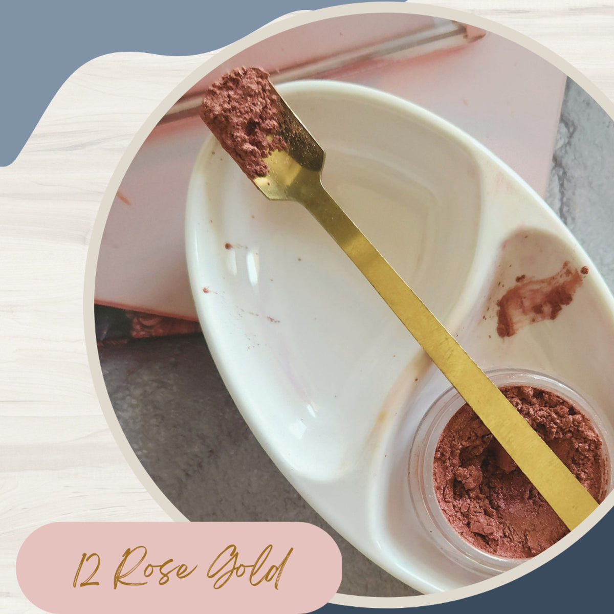 KINDED loose shimmer makeup foil pigment powder in rose gold, showing a sparkling, finely milled cosmetic product in a container.