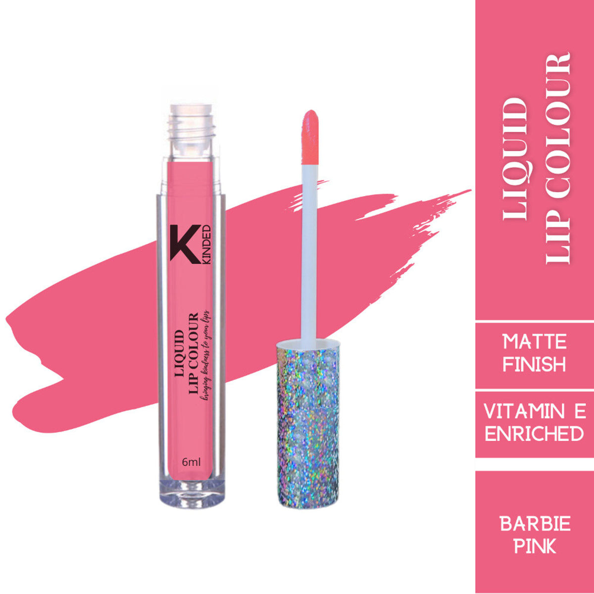 KINDED Barbie Pink liquid lipstick and lip gloss in a sleek tube, vibrant pink shade, perfect for bold lip looks