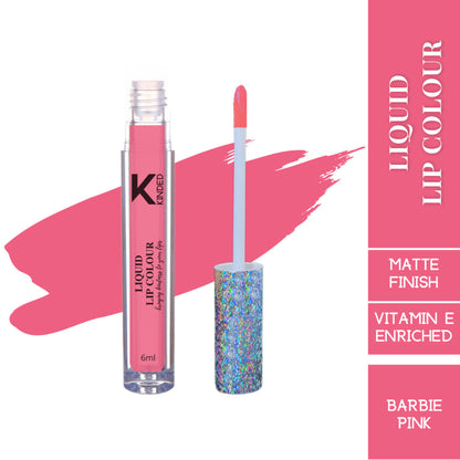 KINDED Barbie Pink liquid lipstick and lip gloss in a sleek tube, vibrant pink shade, perfect for bold lip looks