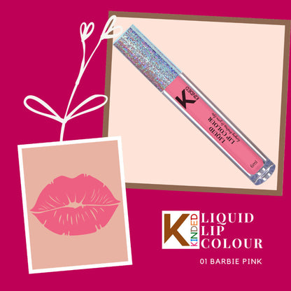 KINDED Barbie Pink liquid lip color in a sleek tube, featuring vibrant pink shade with glossy finish.