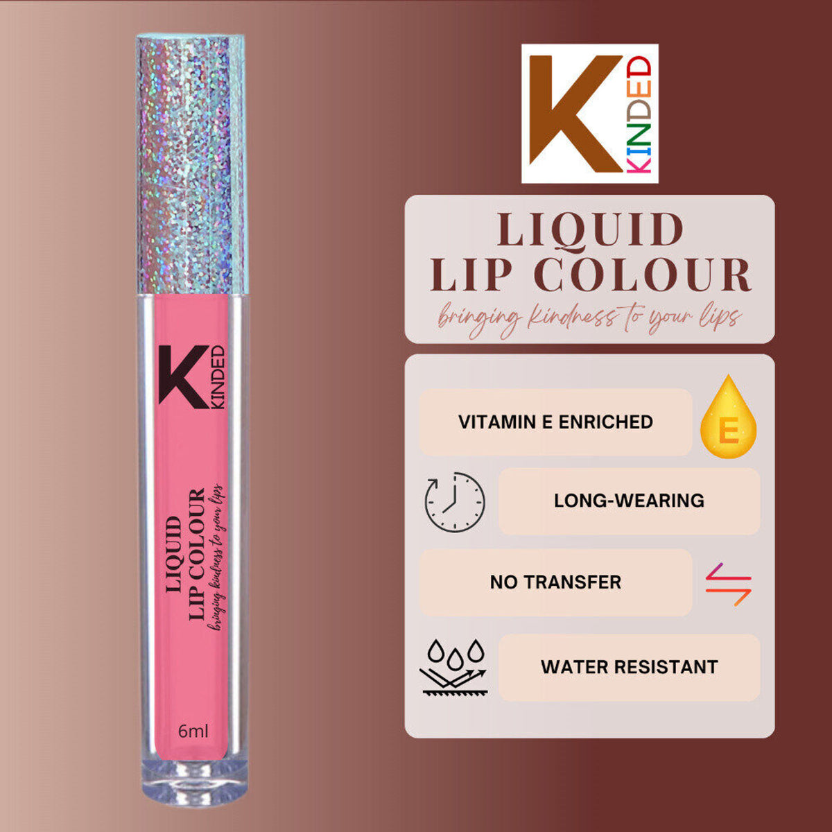 KINDED Liquid Lip Colour in Barbie Pink, vibrant lipstick and lip gloss combo with smooth, glossy finish.