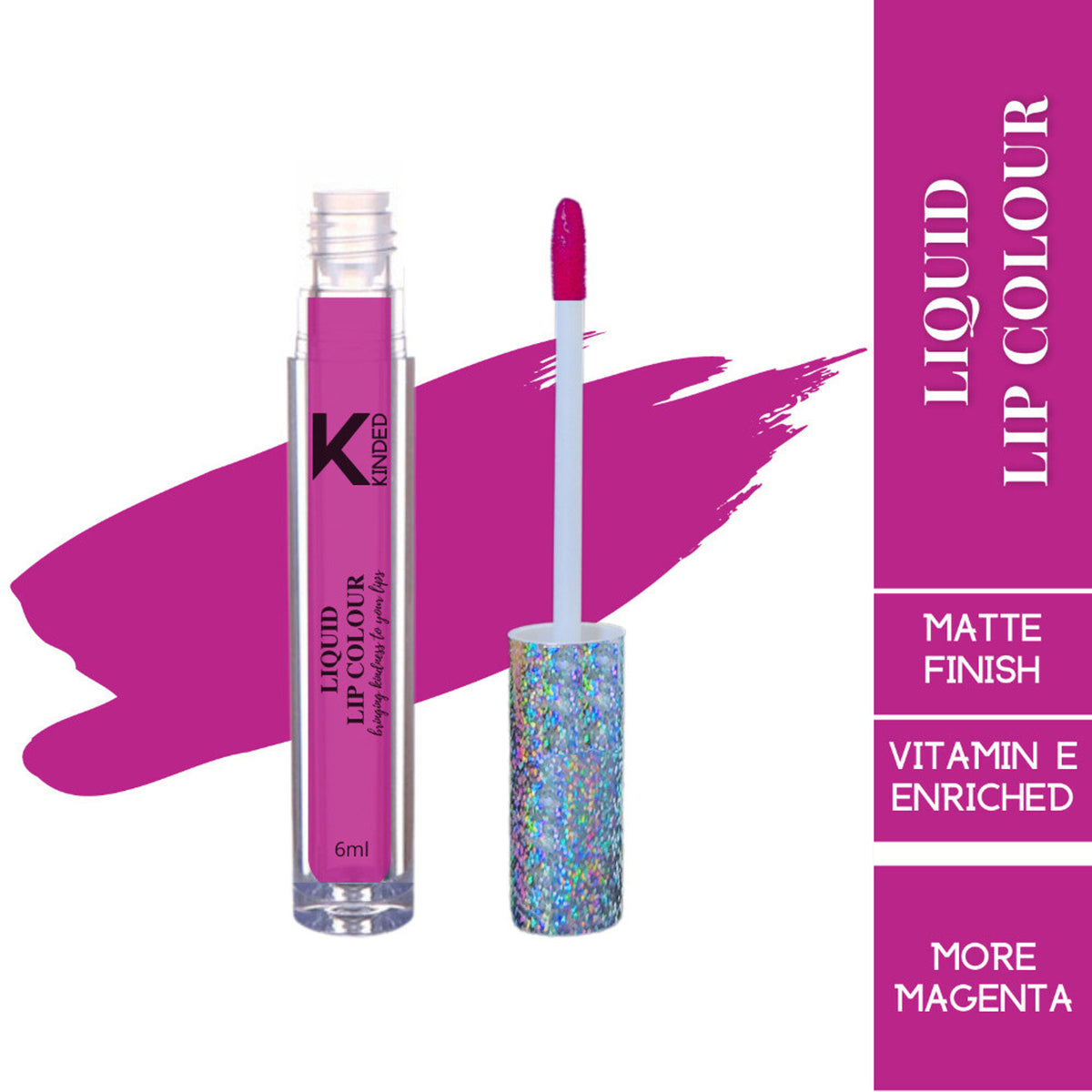 KINDED liquid lip colour in shade 02 More Magenta, featuring a vibrant pink lipstick and glossy finish.
