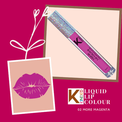 KINDED Liquid Lip Colour in 02 More Magenta, showcasing vibrant magenta lipstick with glossy finish and smooth application