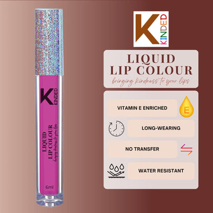 KINDED Liquid Lip Colour in 02 More Magenta, showing vibrant pinkish-magenta lipstick and gloss on lips.