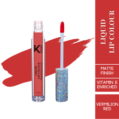 KINDED Liquid Lip Colour in Vermilion Red, showing a vibrant red lipstick and lip gloss tube with a sleek design.