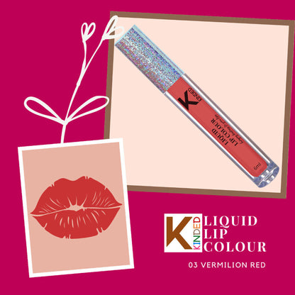 KINDED Liquid Lip Colour in Vermilion Red, a vibrant lipstick and lip gloss with a glossy finish, displayed in a sleek tube.