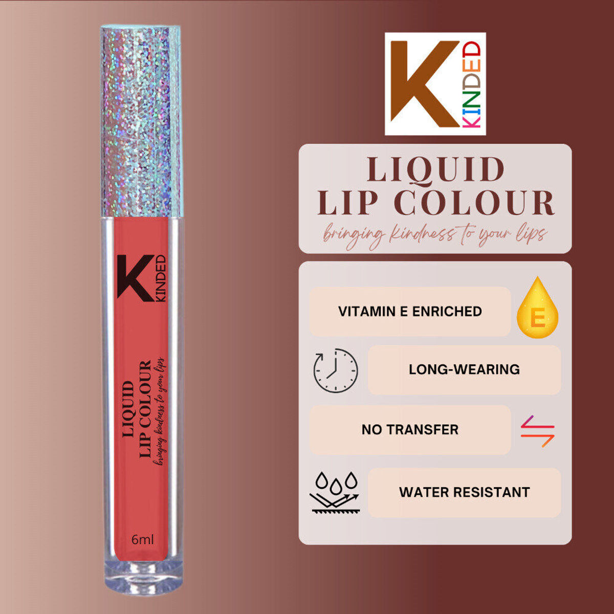 KINDED Liquid Lip Colour in Vermilion Red showing a vibrant red lipstick with glossy finish and sleek packaging.