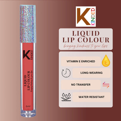 KINDED Liquid Lip Colour in Vermilion Red showing a vibrant red lipstick with glossy finish and sleek packaging.