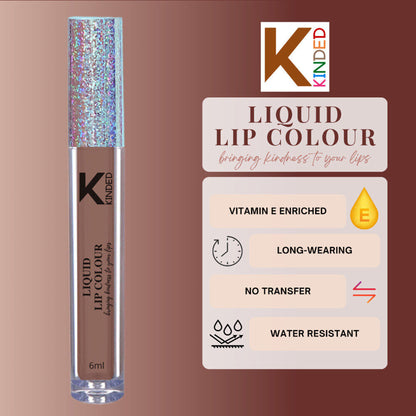 KINDED Liquid Lip Colour in Brown Temptation, a smooth lipstick and lip gloss with a rich brown shade and glossy finish.
