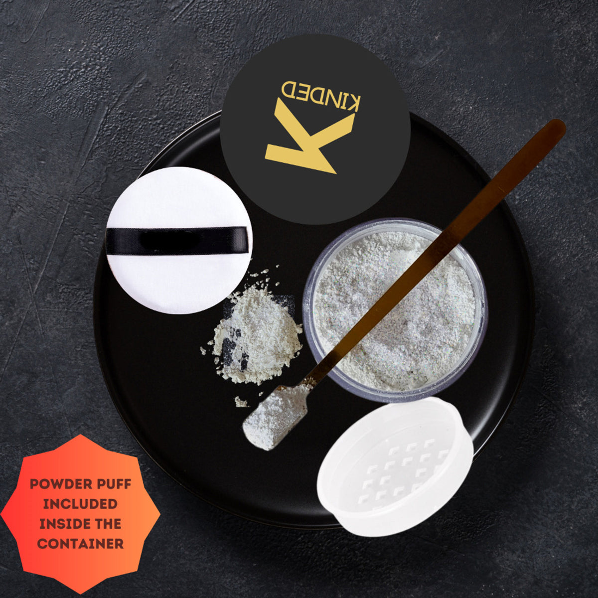 KINDED Highlighter Loose Powder in Shimmer Translucent White, showing a fine, shimmering white powder in a clear container.