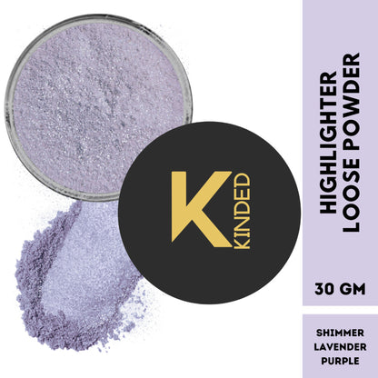 KINDED Highlighter Loose Powder in Shimmer Lavender Purple, showcasing the sparkling lavender loose highlighter for a radiant glow.