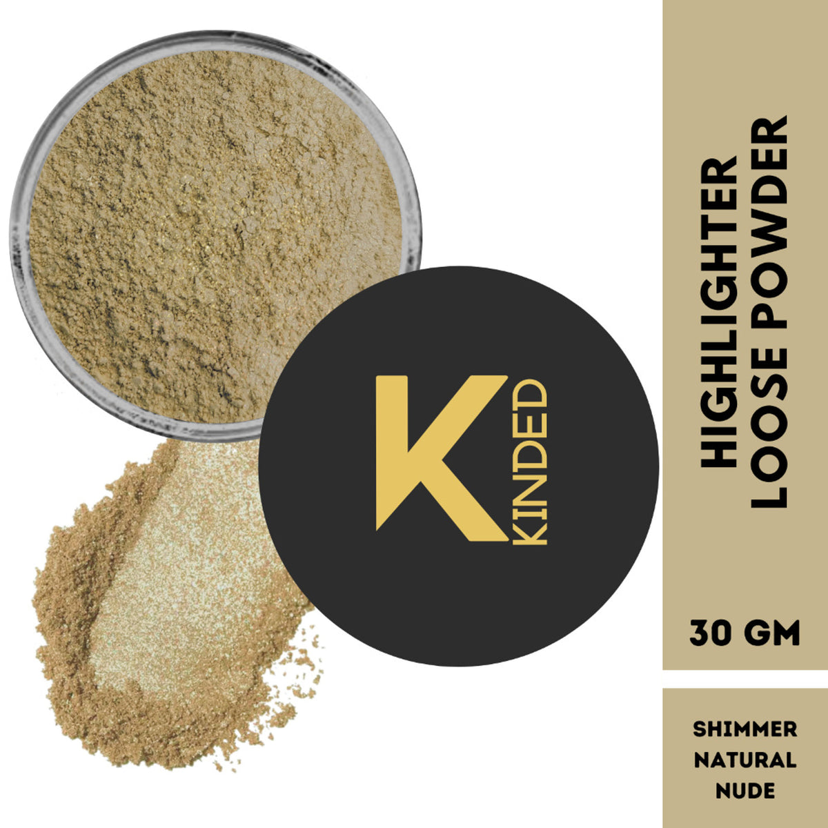 KINDED Highlighter Loose Powder in Shimmer Natural Nude, showing a close-up of the finely milled, shimmering nude highlighter powder.