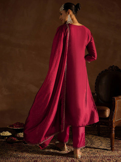 Dhiyona IE Maroon Ethnic Motifs Embroidered Regular Sequinned Kurta with Trousers & Dupatta