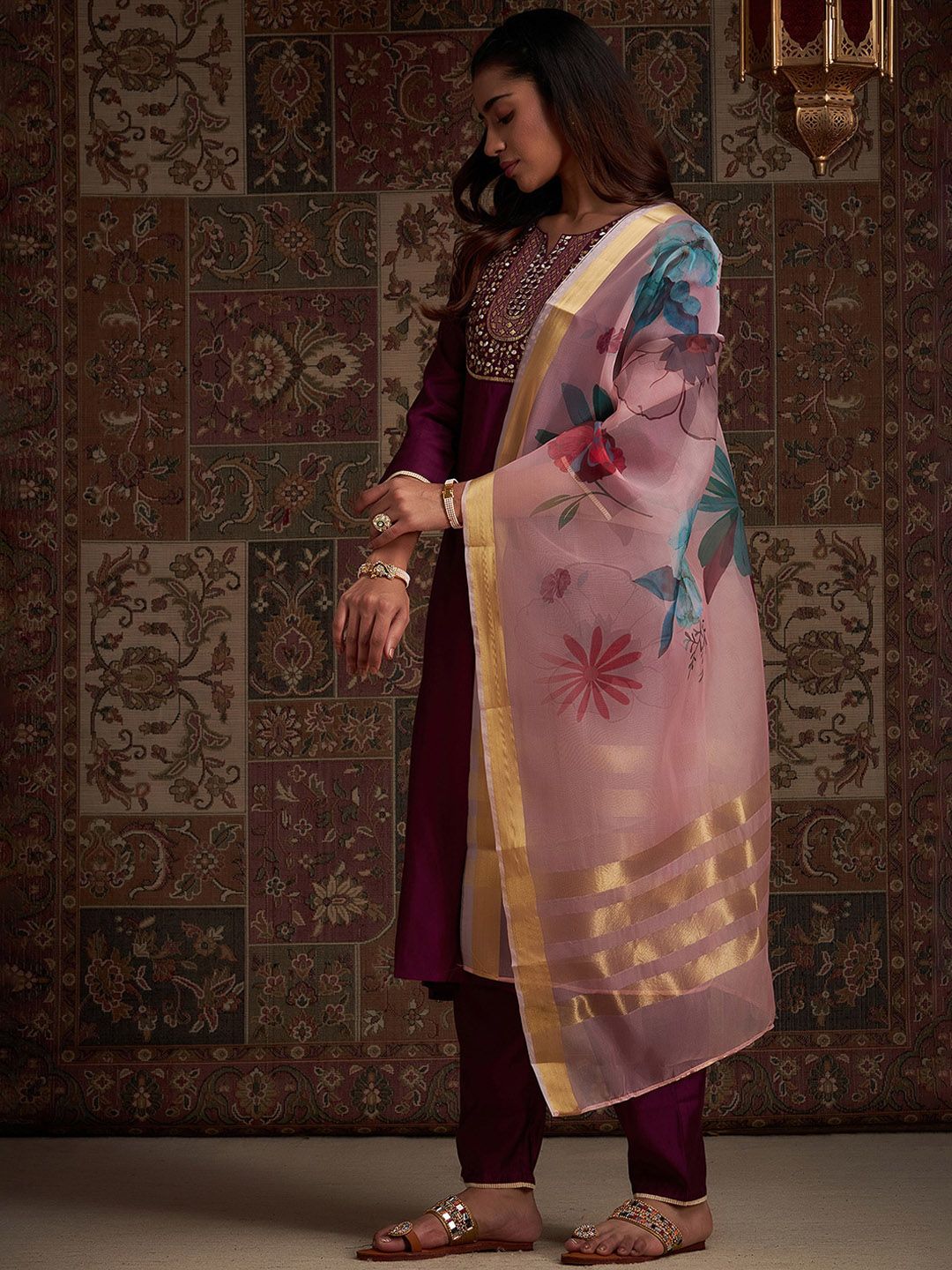 Indyancart IE Women Floral Embroidered Sequinned Liva Kurta With Trousers & With Dupatta