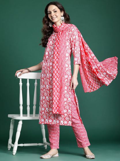 Floral Printed Regular Pure Cotton Kurta with Trousers & Dupatta