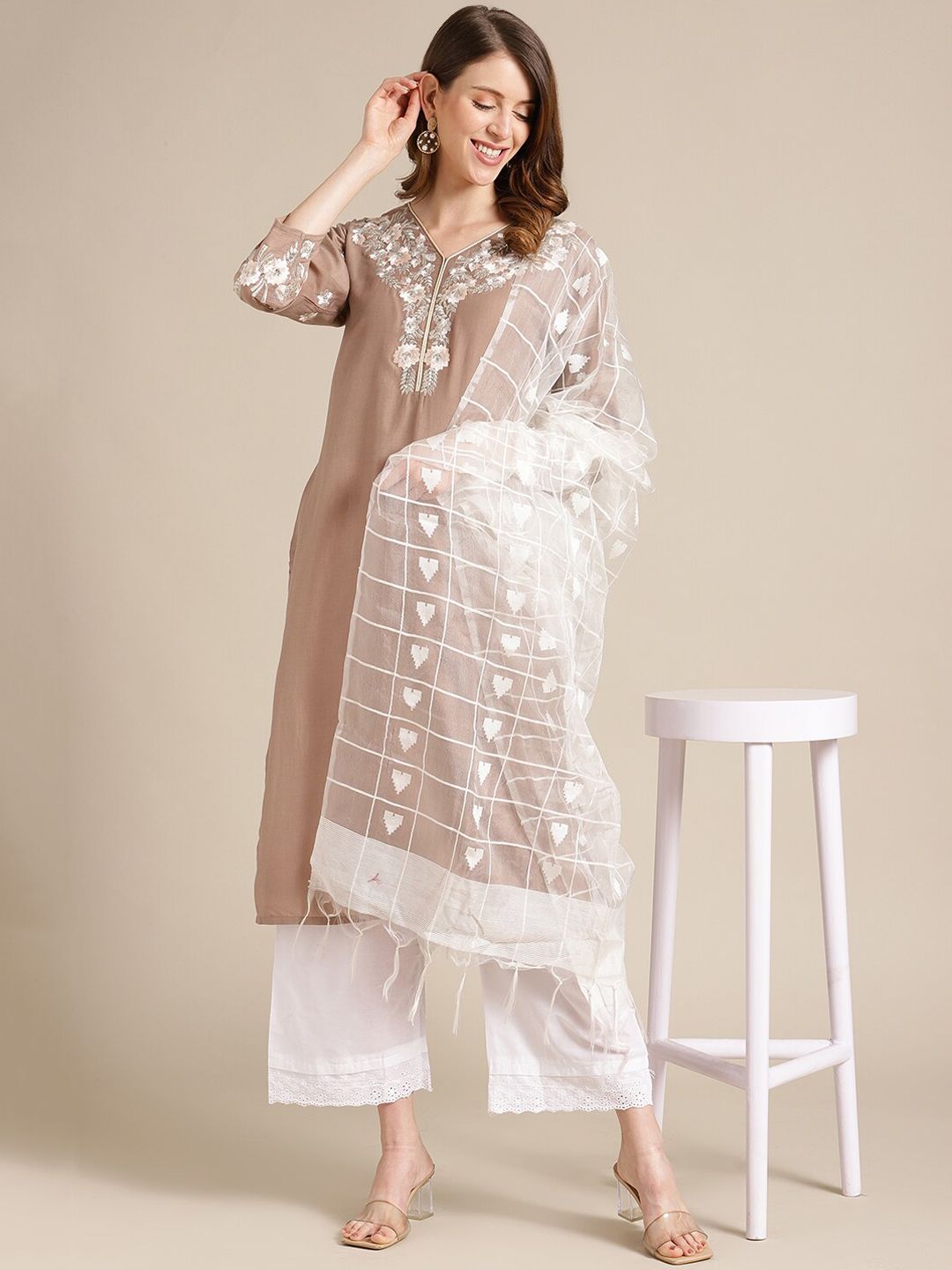 Indyancart VA Women's Beige Floral Embroidered Kurta with Trousers & With Dupatta