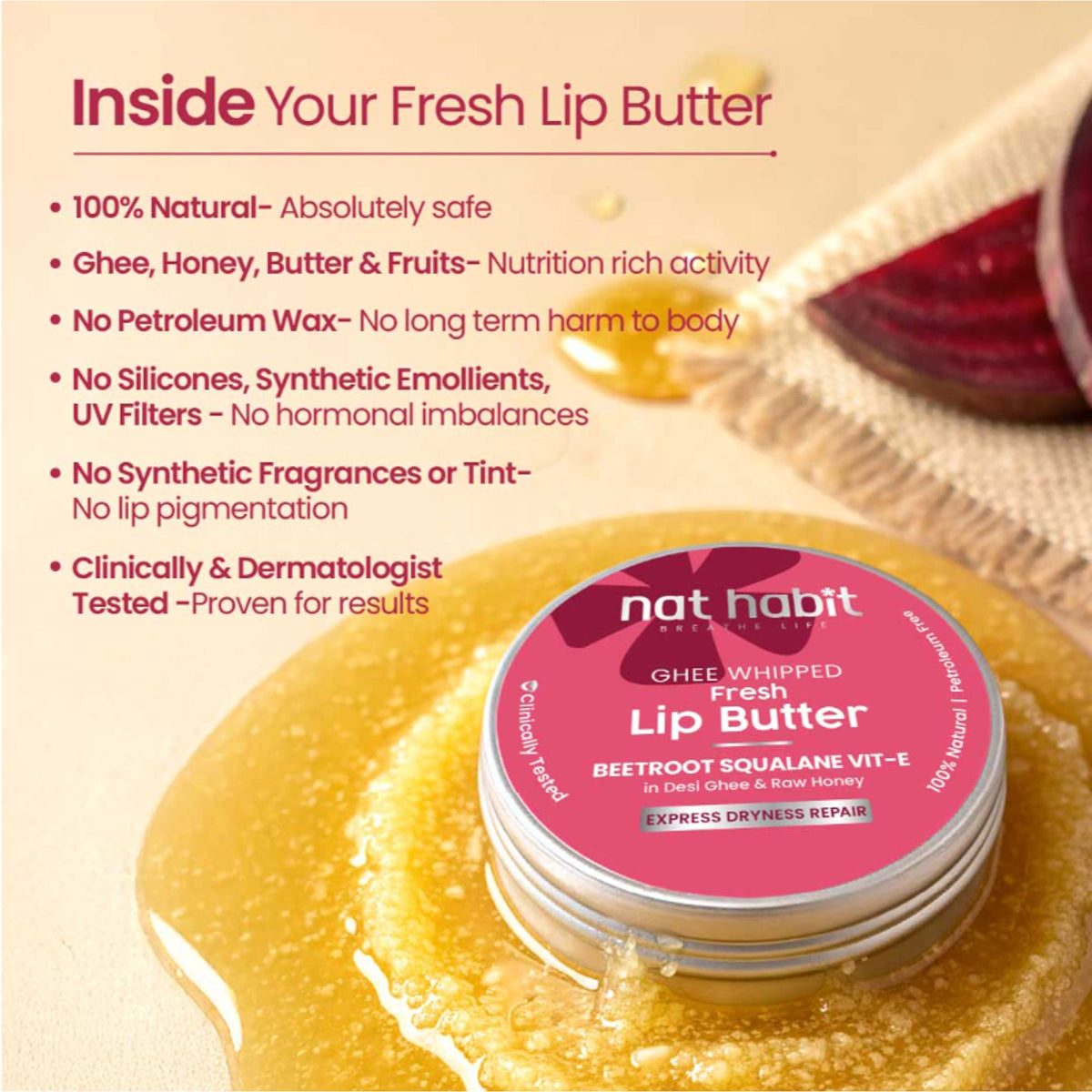 Nat Habit Beetroot Lip Butter With Desi Ghee & Honey Lip Balm For Natural Pink Lips, Lip Moisturizer