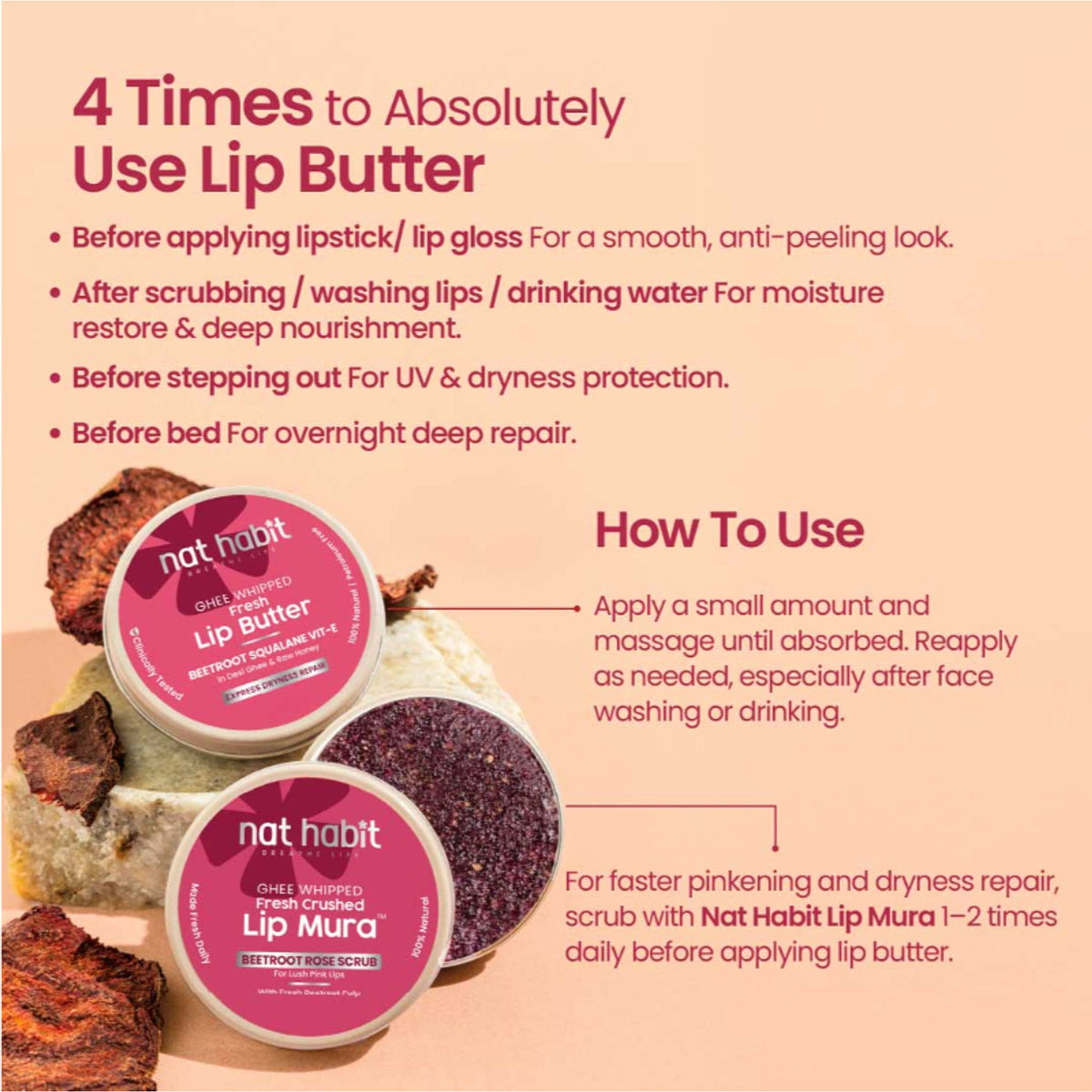 Nat Habit Beetroot Lip Butter With Desi Ghee & Honey Lip Balm For Natural Pink Lips, Lip Moisturizer