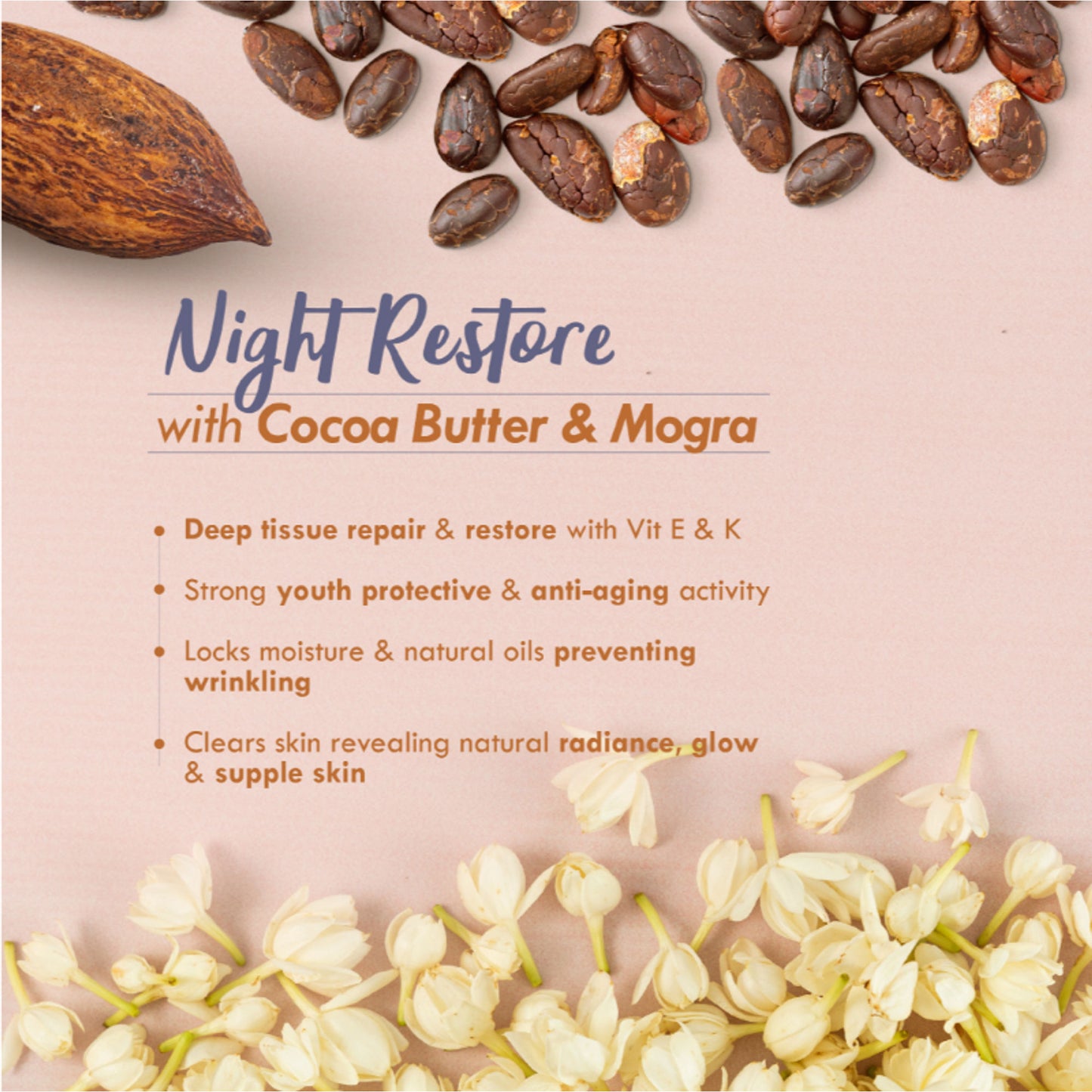 Nat Habit Cocoa Mogra Night Restore Face Cream, Light Face Moisturizer For Glowing Skin