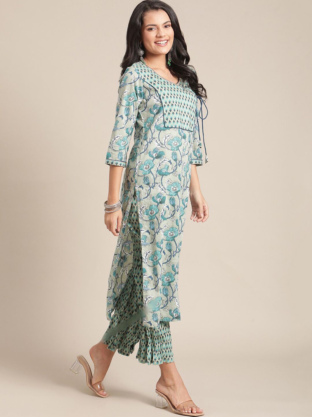 Indyancart VA Women's Turquoise Blue Floral Printed Regular Pure Cotton Kurta with Palazzos