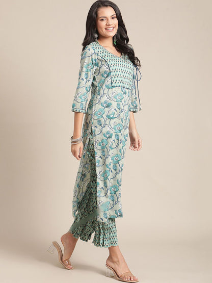 Indyancart VA Women's Turquoise Blue Floral Printed Regular Pure Cotton Kurta with Palazzos