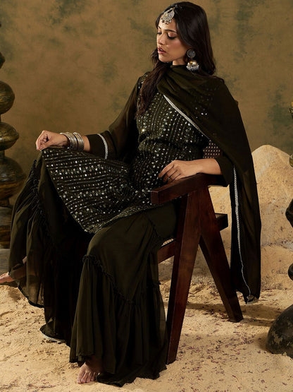 Indyancart IE Women Ethnic Motifs Embroidered Regular Sequinned Kurta with Sharara & With Dupatta