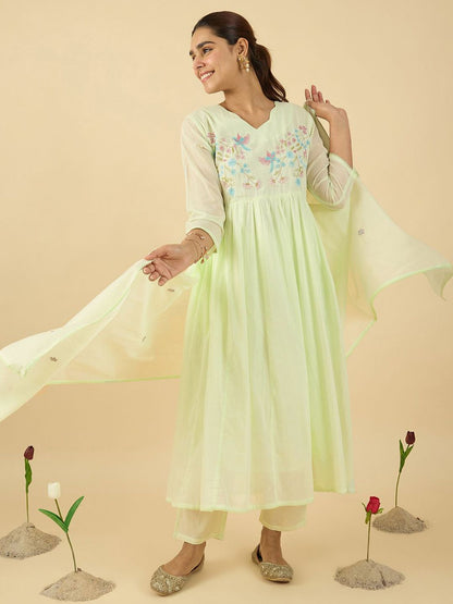 Indyancart IE Floral Embroidered V Neck A Line Pure Cotton Kurta With Trousers & Dupatta