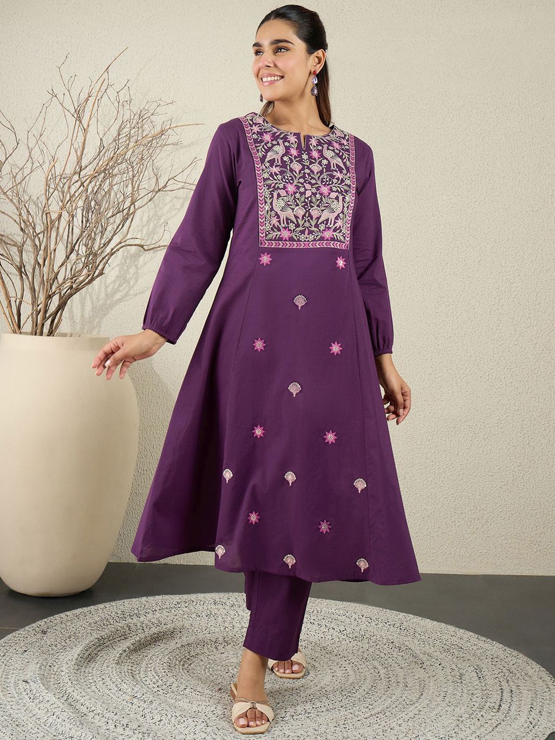 Dhiyona IE Purple Embroidered Top With Trouser Co-Ords