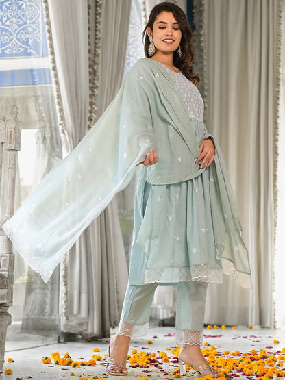 Indyancart VA Women'sEmbroidered Sequinned Pure Cotton Kurta With Trousers & Dupatta