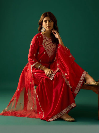 Indyancart VA Ethnic Motifs Embroidered Zari Kurta With Sharara & Dupatta