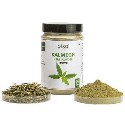 Bixa Botanical Kalmegh Powder in a clear container, showcasing the Ayurvedic herbal powder for health and wellness.