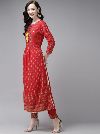Indyancart IE Women Red Ethnic Motifs Printed Panelled Mirror Work Kurta with Trousers & With Dupatta