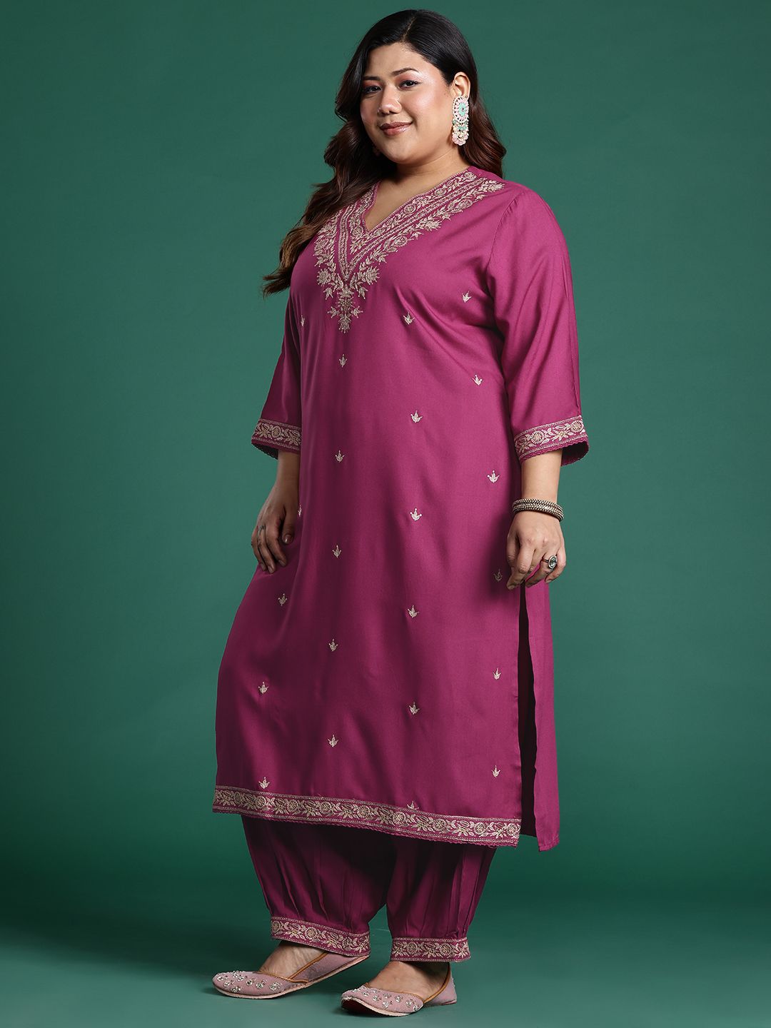 Indyancart Women's Plus Size Floral Zari Embroidered Kurta with Salwar & With Dupatta