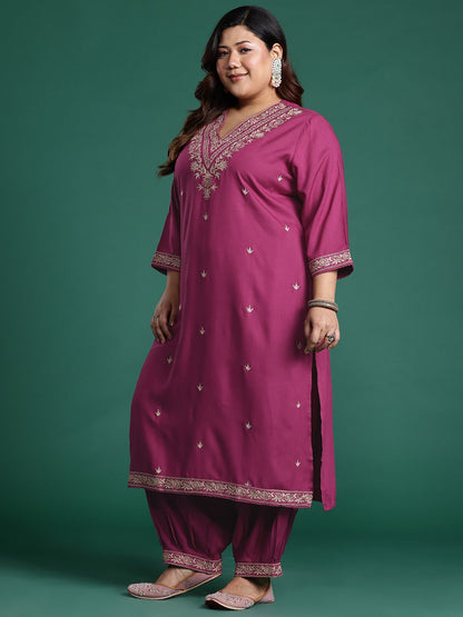 Indyancart Women's Plus Size Floral Zari Embroidered Kurta with Salwar & With Dupatta