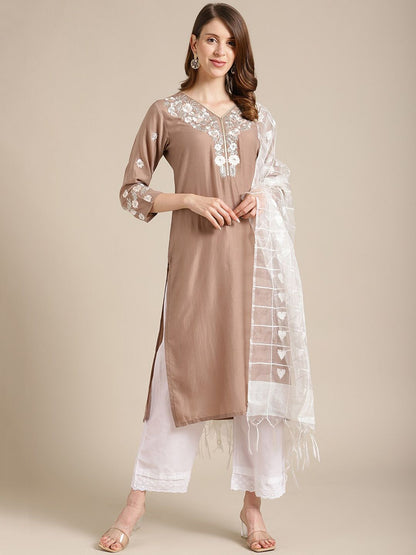 Indyancart VA Women's Beige Floral Embroidered Kurta with Trousers & With Dupatta