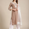 Indyancart VA Women's Beige Floral Embroidered Kurta with Trousers & With Dupatta