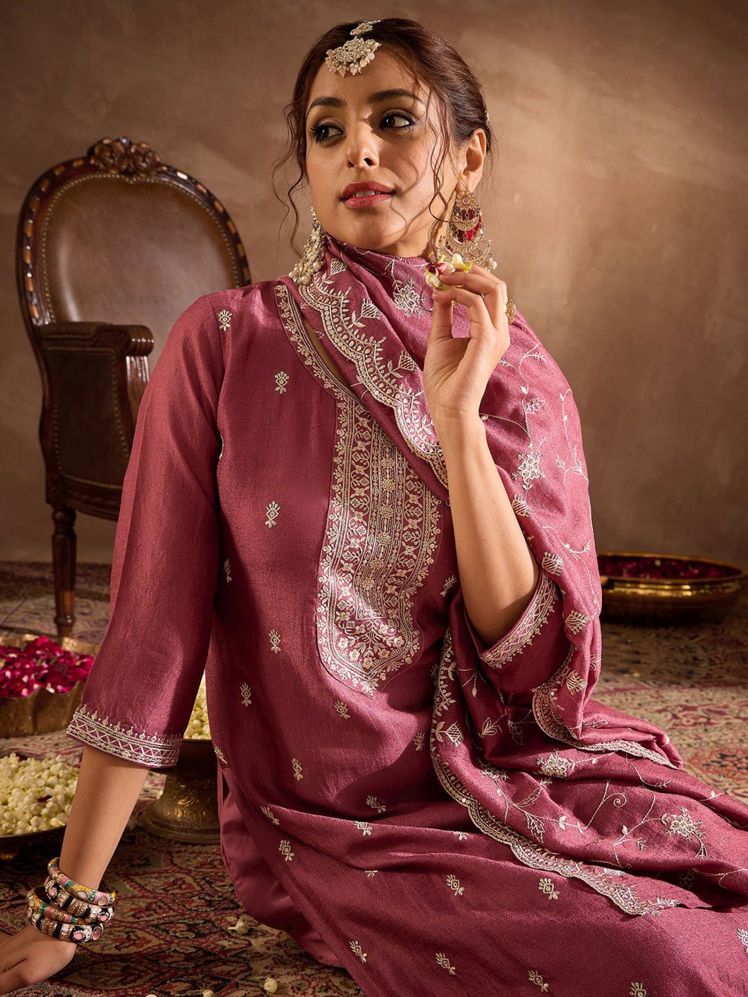 Floral Embroidered V-Neck Thread Work Straight Kurta With Trousers & Dupatta