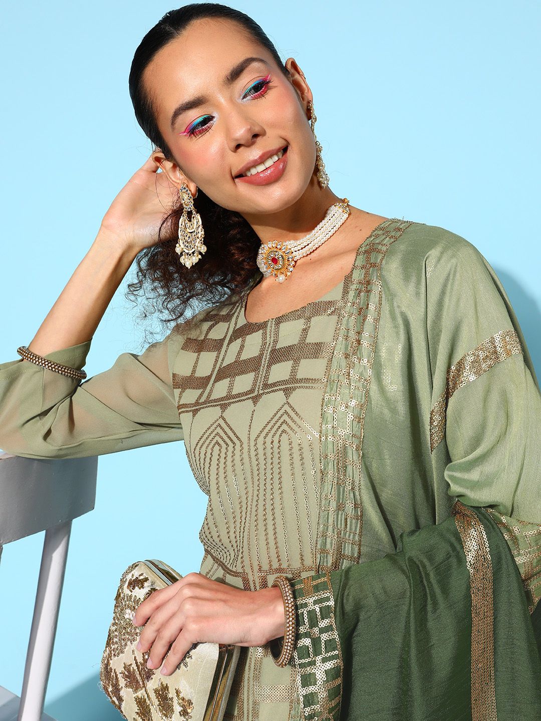 Indyancart VA Women's Green Embroidered Sequinned Kurta With Sharara & Dupatta