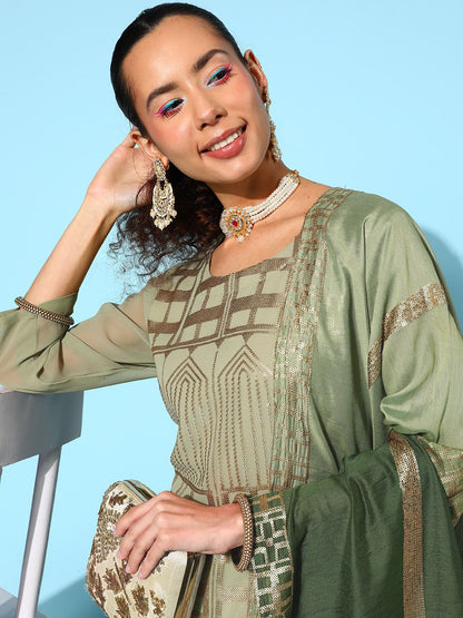 Indyancart VA Women's Green Embroidered Sequinned Kurta With Sharara & Dupatta