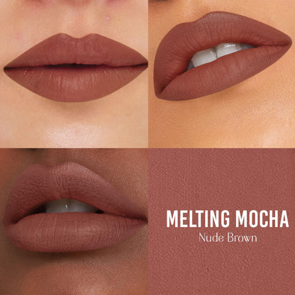LoveChild Masaba Ultra Matte Transfer-proof Lipstick in Melting Mocha, enriched with avocado oil and vitamin E, shown on lips.