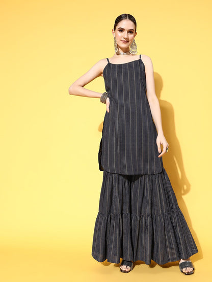 Indyancart IE Women Navy Blue Printed Pure Cotton Kurta with Sharara