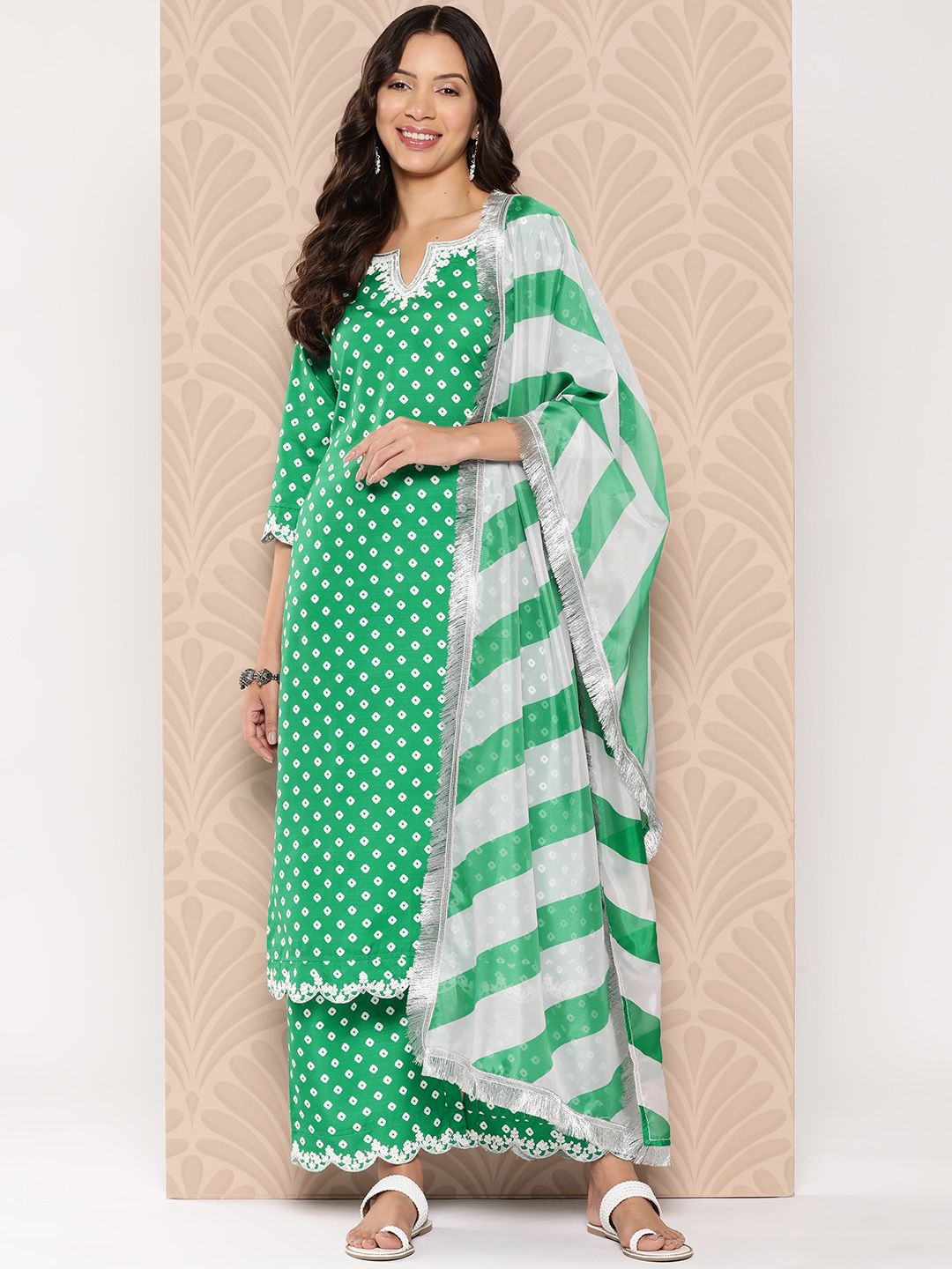 Dhiyona VA Women'sBandhani Printed Sequinned Kurta with Palazzos & Dupatta