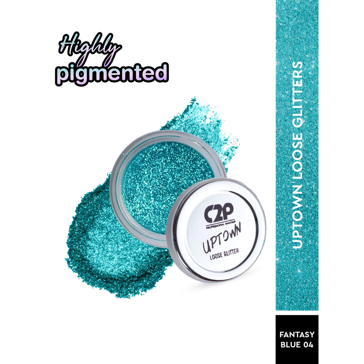C2P Pro Uptown Loose Glitter in Fantasy Blue 04 for eye makeup, highly pigmented eyeshadow powder with a sparkling blue finish.