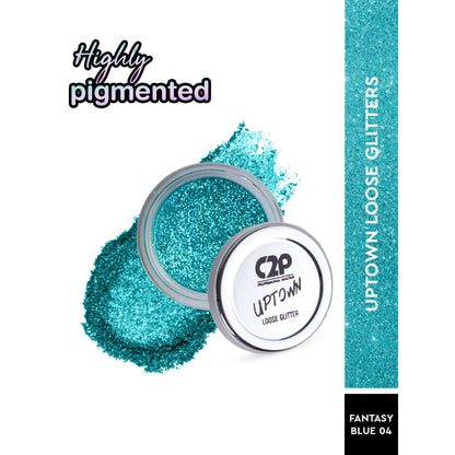 C2P Pro Uptown Loose Glitter in Fantasy Blue 04 for eye makeup, highly pigmented eyeshadow powder with a sparkling blue finish.