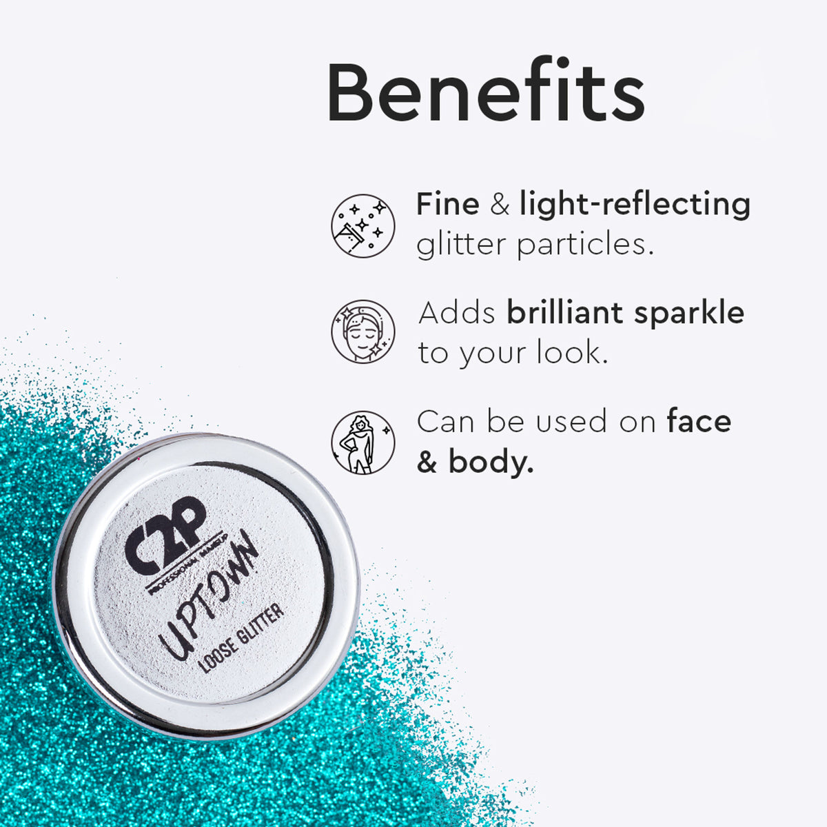 C2P Pro Uptown Loose Glitter in Fantasy Blue 04, highly pigmented eyeshadow powder with a shimmering blue finish for eye makeup.