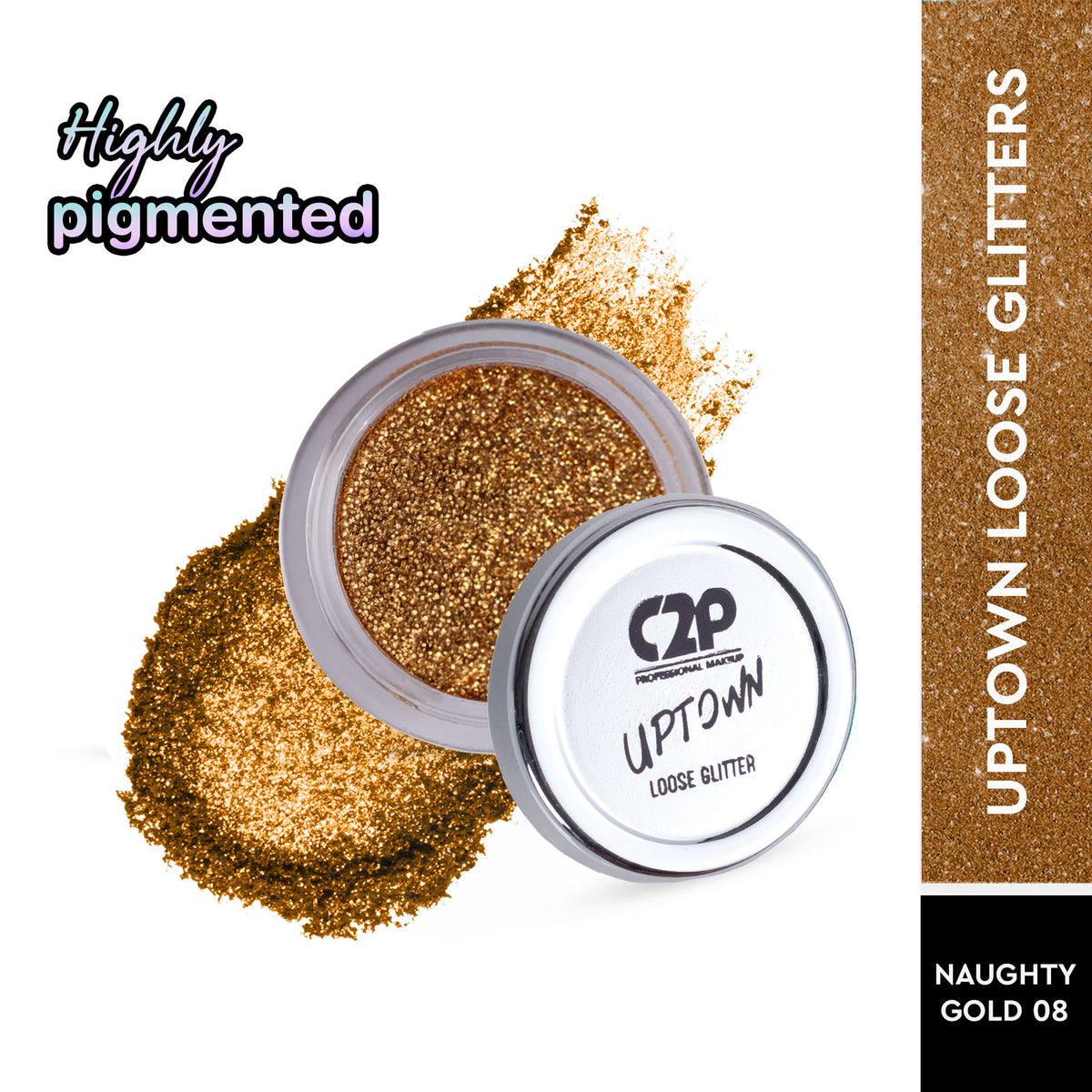 C2P Pro Uptown Loose Glitter eyeshadow powder in Naughty Gold 08, highly pigmented eye makeup glitter with a vibrant gold finish.