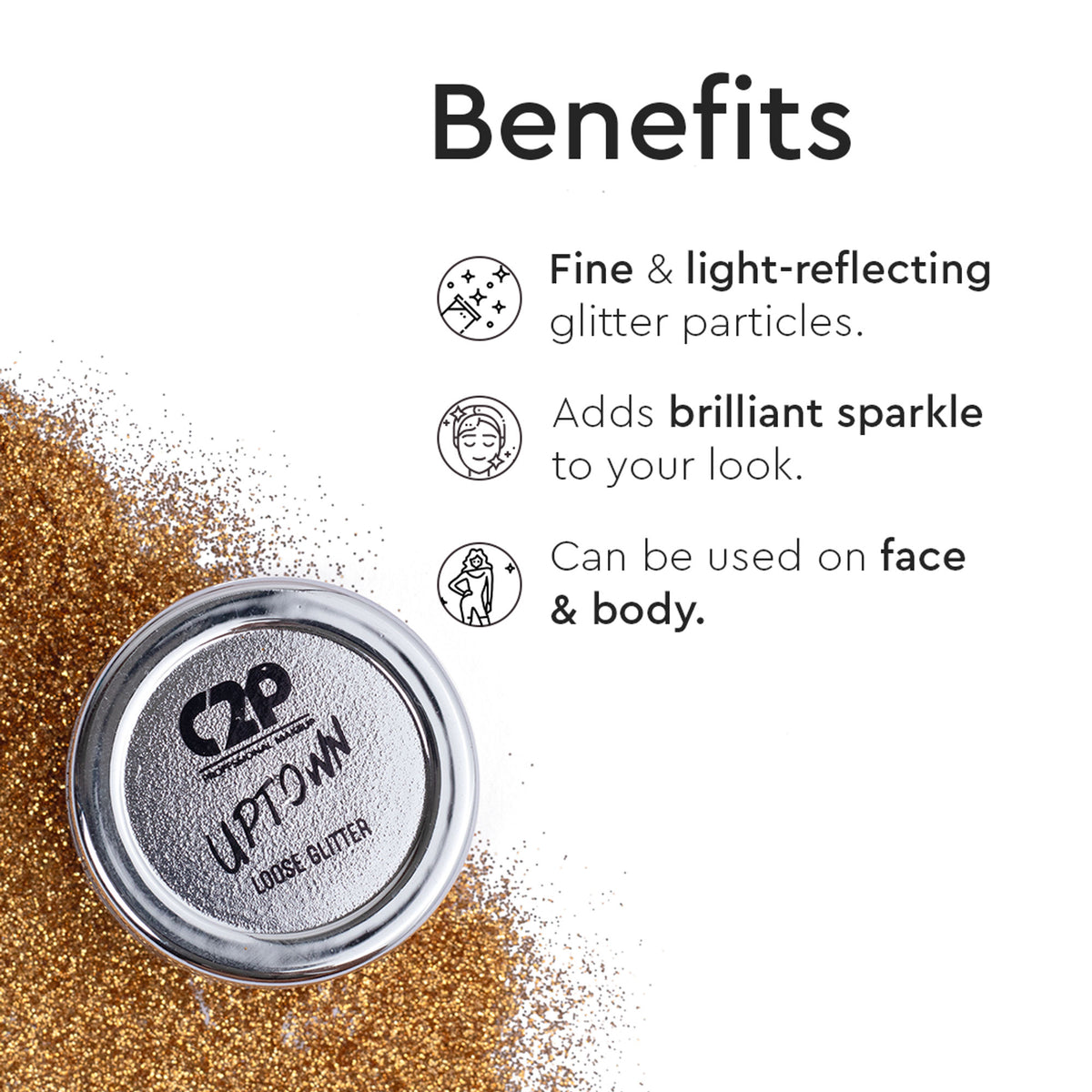 C2P Pro Uptown Loose Glitter in Naughty Gold 08, highly pigmented eyeshadow powder for eye makeup, with shimmering gold finish.