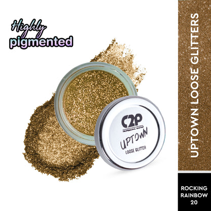 C2P Pro Uptown Loose Glitter in Rocking Rainbow for eye makeup, highly pigmented eyeshadow powder with vibrant rainbow shimmer.
