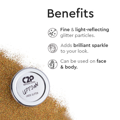 C2P Pro Uptown Loose Glitter for eye makeup, highly pigmented rainbow eyeshadow powder in vibrant, shimmering shades.
